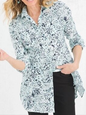 Chico's Mint and Navy Abstract Print Button-Front Tunic